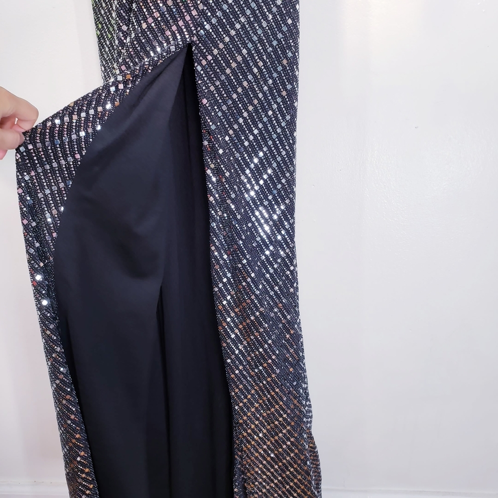 DAVE JOHNNY Dress 4 SMALL Junior Gown Halter Silver Black Maxi Long Bling Mirror - Picture 10 of 13